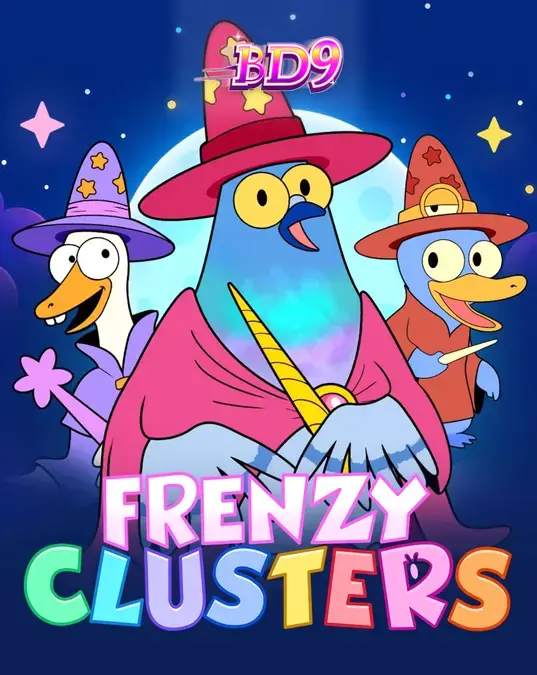 Frenzy Clusters স্লট গেমের একটি দৃশ্য যেখানে রঙিন হিরো এবং গ্রিড দেখা যাচ্ছে